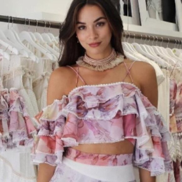 IXIAH Pastel Pink and Blue Barbie Ruffles Flowy Off the Shoulder Top Size US 6 - Picture 2 of 15